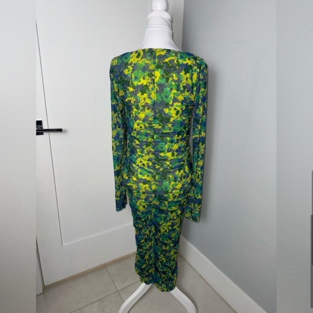 Ganni Ruched Printed Long Sleeve Stretch-Mesh Midi Dress - Picture 8 of 12